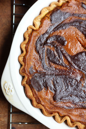 Overhead image of chocolate swirled pumpkin pie