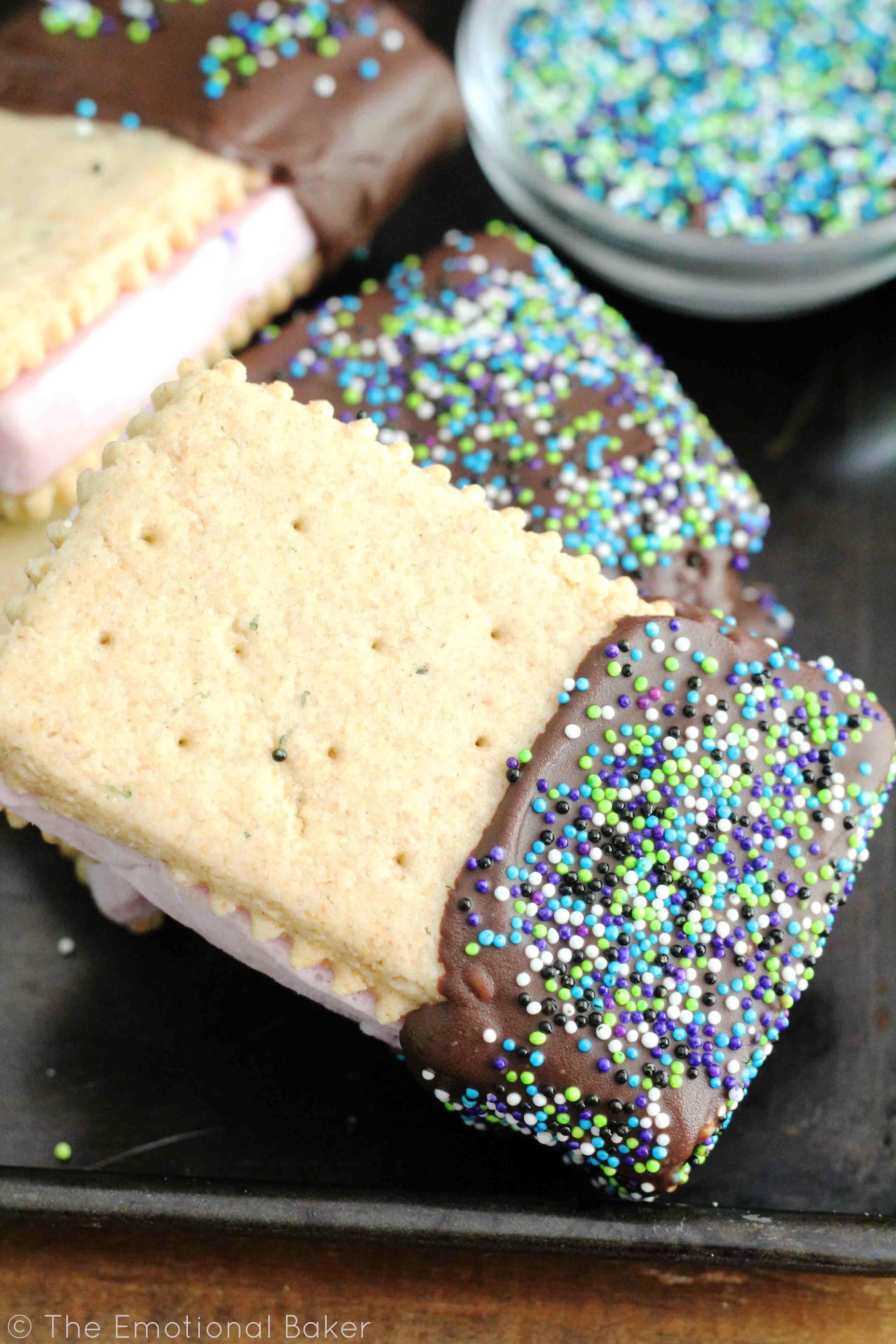 Vegan Chocolate Dipped Frozen Dessert Sandwiches -- Creamy frozen dessert sandwiched between homemade vanilla graham flavored crackers. The only treat you need this summer!