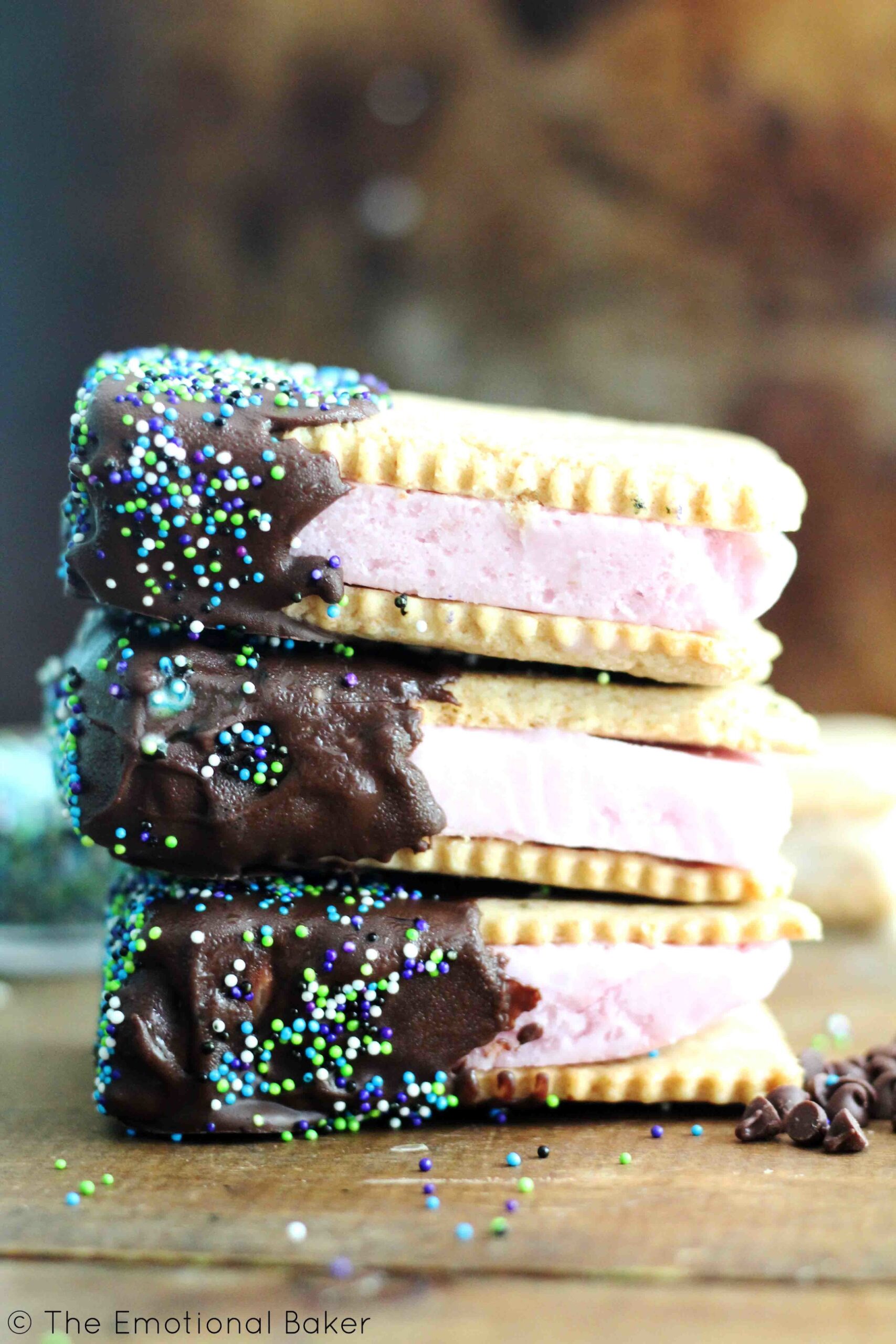 Vegan Chocolate Dipped Frozen Dessert Sandwiches -- Creamy frozen dessert sandwiched between homemade vanilla graham flavored crackers. The only treat you need this summer!