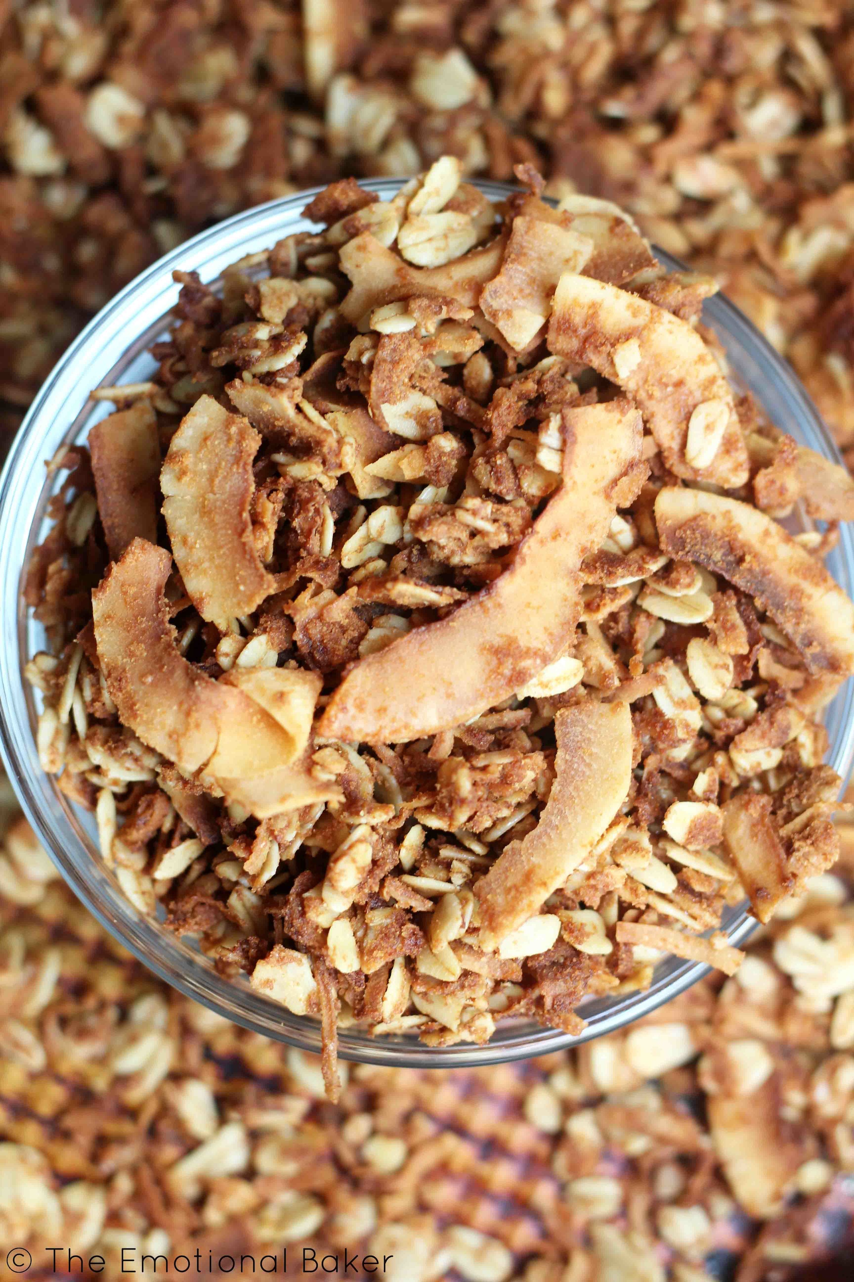 The ultimate coconut lover's granola - made with coconut oil, coconut flour, coconut sugar - and of course - lots of crunchy coconut flakes!