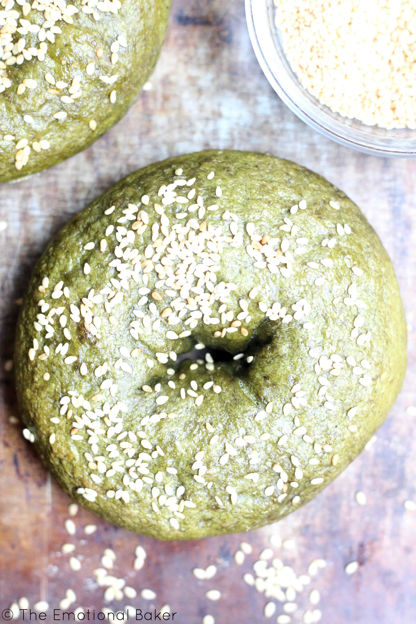 Matcha Sourdough Bagels -- You can make bagels at home! Easy recipe featuring matcha powder and sourdough starter.