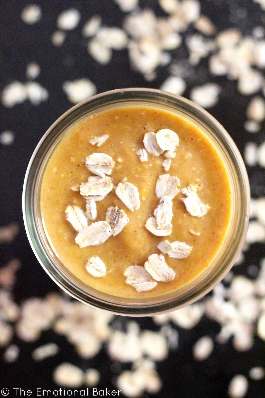 Start your day with this Mocha Pumpkin Smoothie. It features layers of mocha oat smoothie and pumpkin oat smoothie - the perfect filling fall breakfast with a caffeine kick!