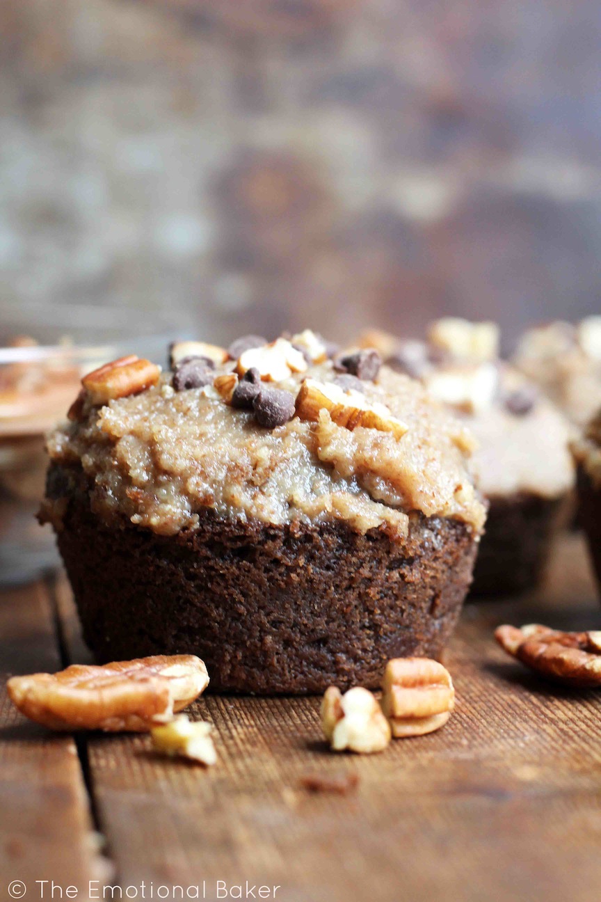 Get your chocolate and coffee fix with a Mocha Pecan Cupcake featuring white whole wheat flour, maple syrup and coconut oil.