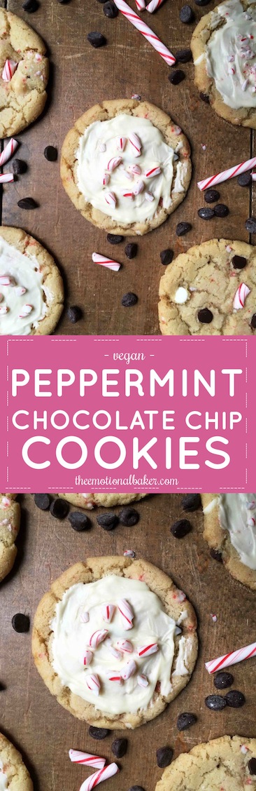 Chocolate chip cookies receive a makeover just in time for Christmas! These Peppermint Chocolate Chip Cookies include crushed candy canes and a sweet topping.
