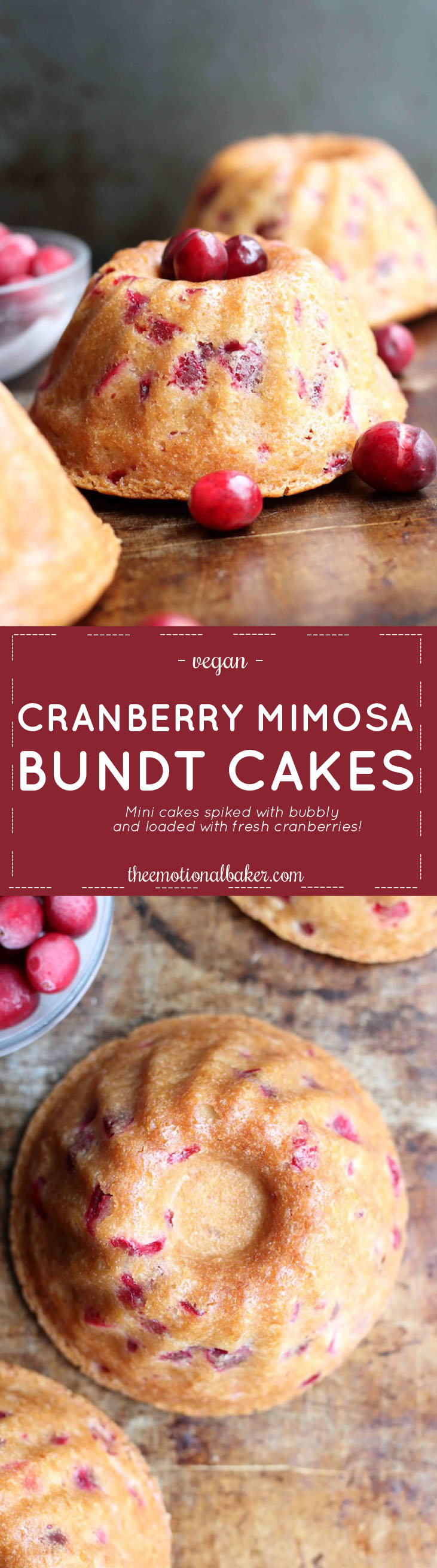 Celebrate the new year with a Cranberry Mimosa Bundt Cake. These mini cakes are spiked with your choice of bubbly - ginger ale, champagne, etc, are loaded with fresh cranberries, and are topped with a simple orange glaze.