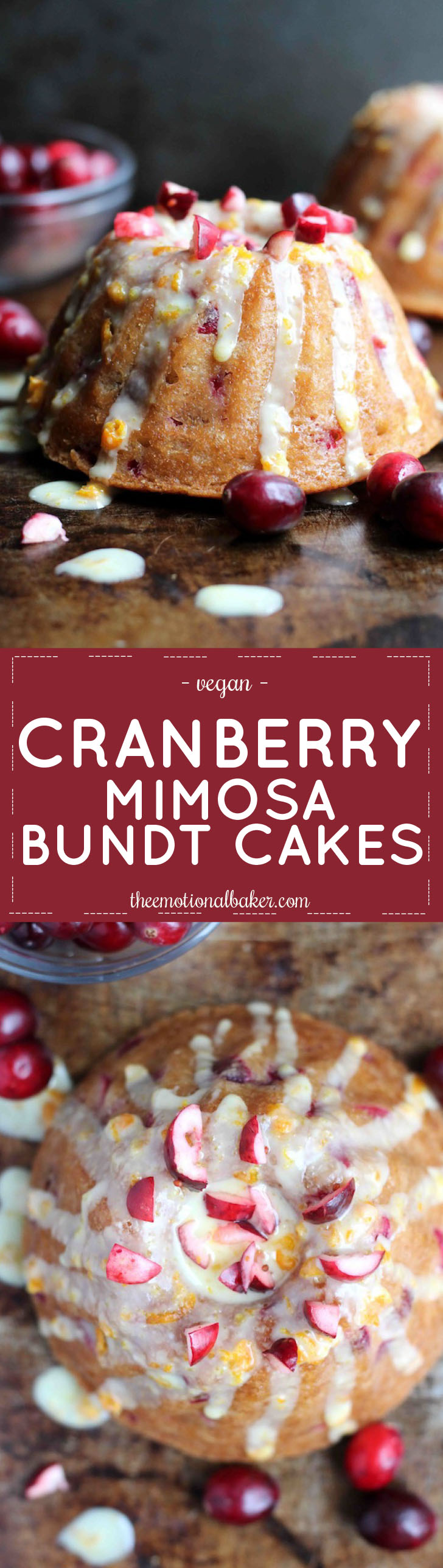 Celebrate the new year with a Cranberry Mimosa Bundt Cake. These mini cakes are spiked with your choice of bubbly - ginger ale, champagne, etc, are loaded with fresh cranberries, and are topped with a simple orange glaze.