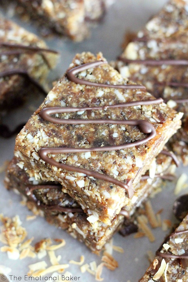 These Coconut Chocolate Chip Energy Bars satisfy your chocolate cravings with an energy boost. These energy bars are made with wholesome ingredients including dates, almond butter and chia seeds.