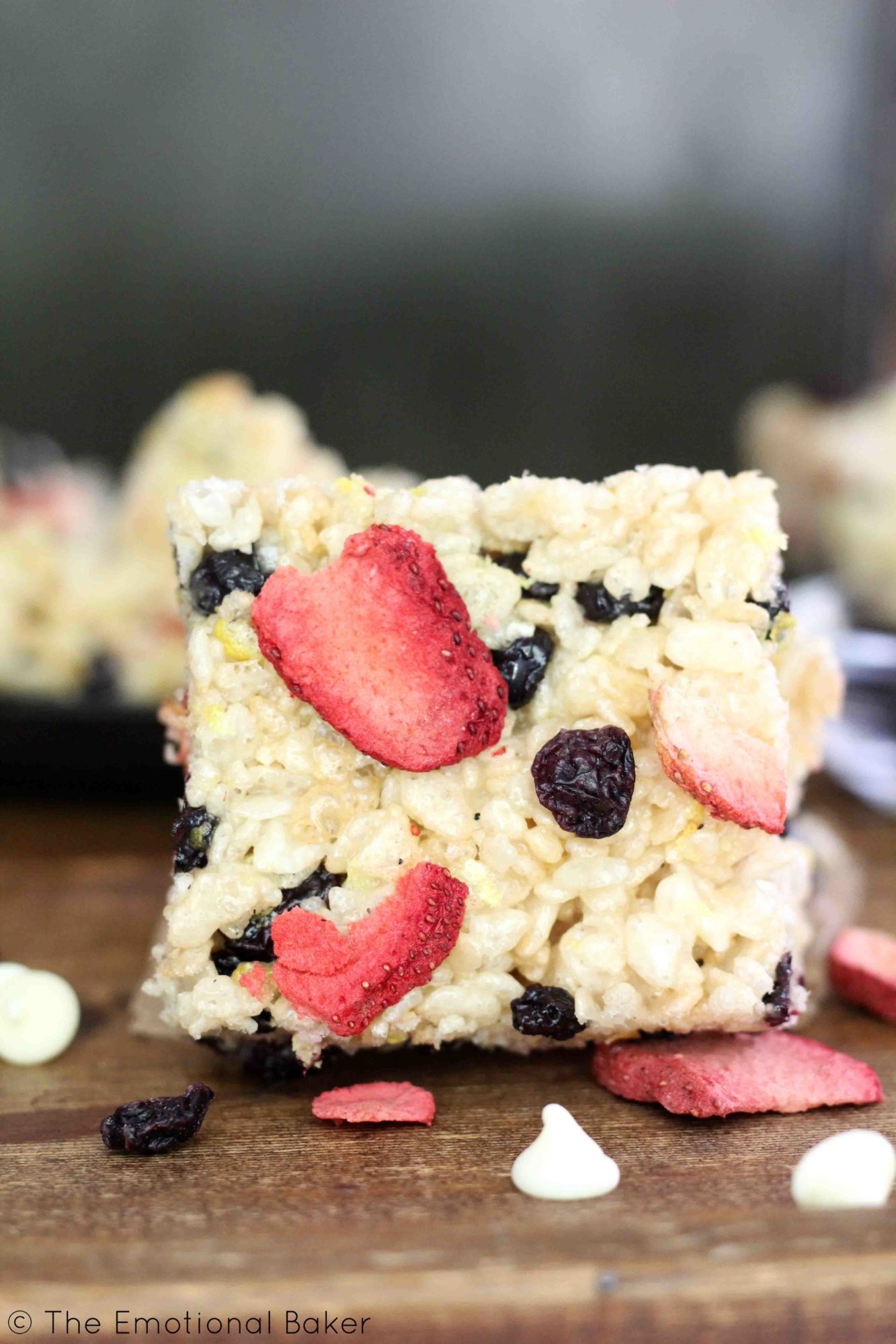 Rice Krispie Treats get an update with lemon zest, dried blueberries, freeze dried strawberries and white chocolate