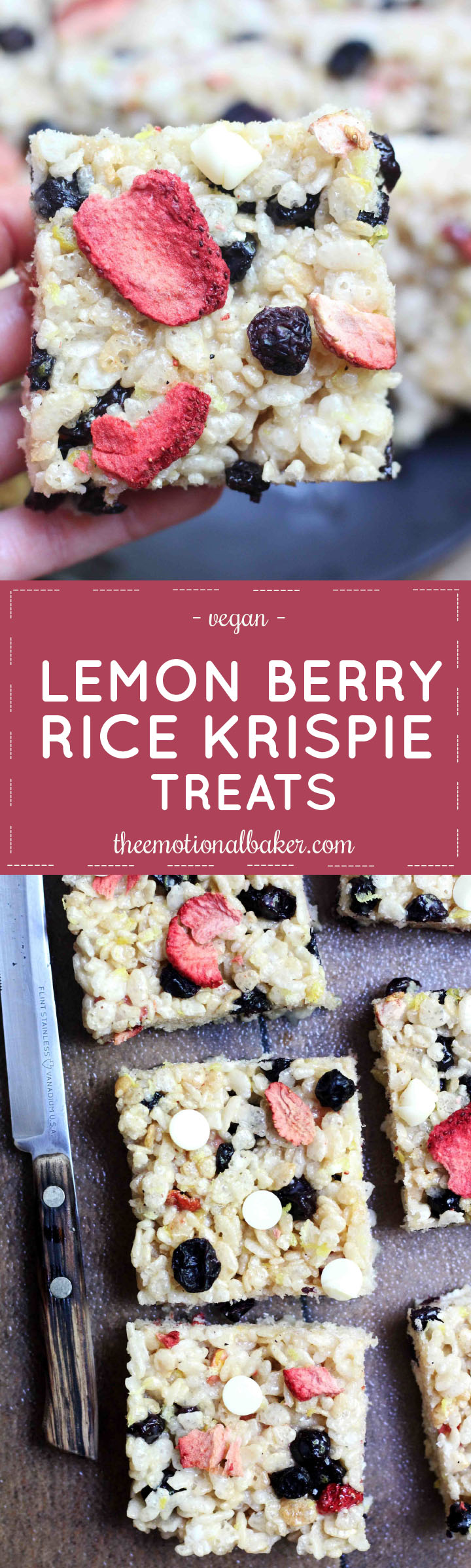 Rice Krispie Treats get an update with lemon zest, dried blueberries, freeze dried strawberries and white chocolate
