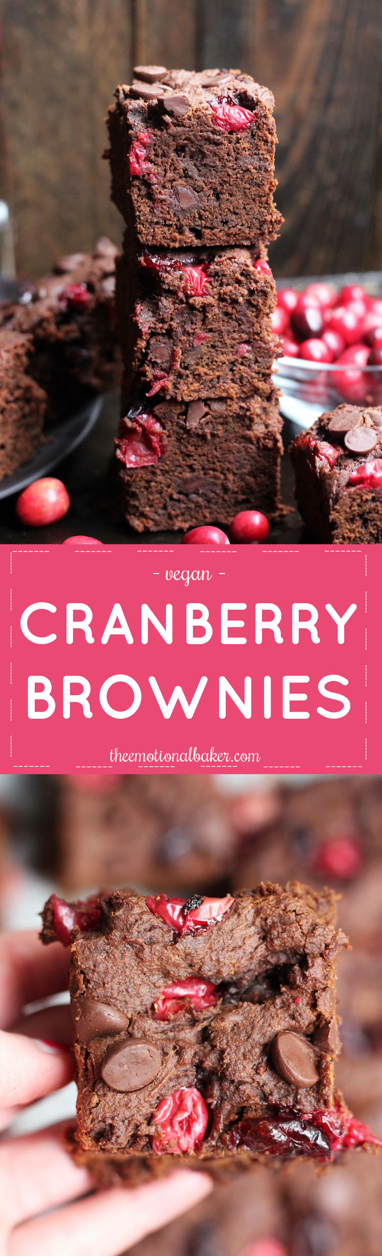 These Vegan Cranberry Brownies are the perfect combo of cake-y and fudge-y. They are loaded with fresh cranberries and chocolate!