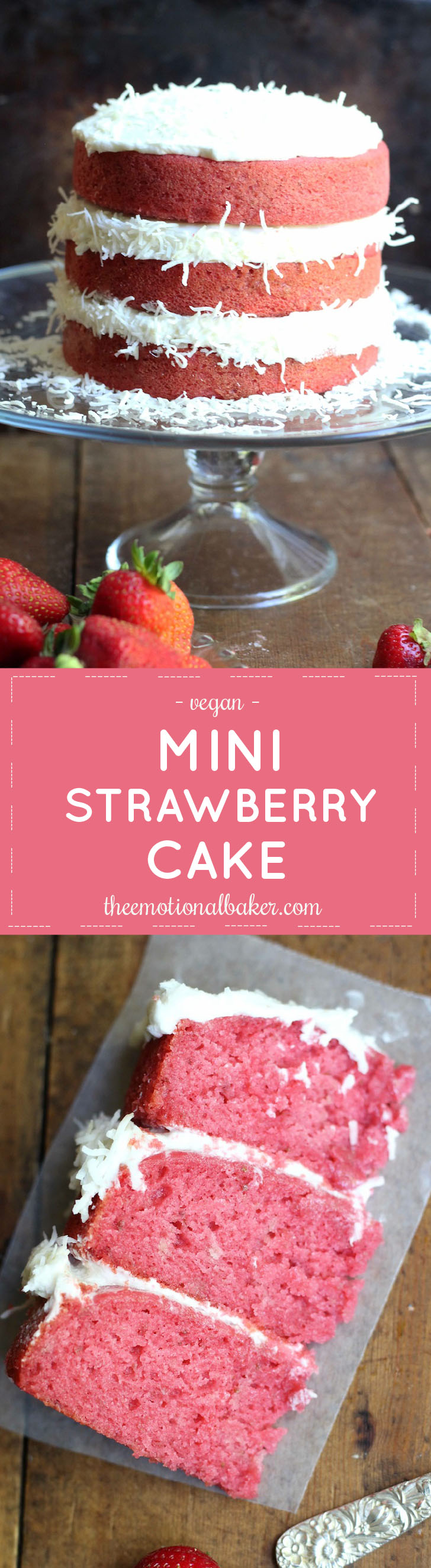 This 6 inch vegan strawberry cake is bursting with fresh strawberry flavor. It features layers of strawberry cake topped with coconut frosting.