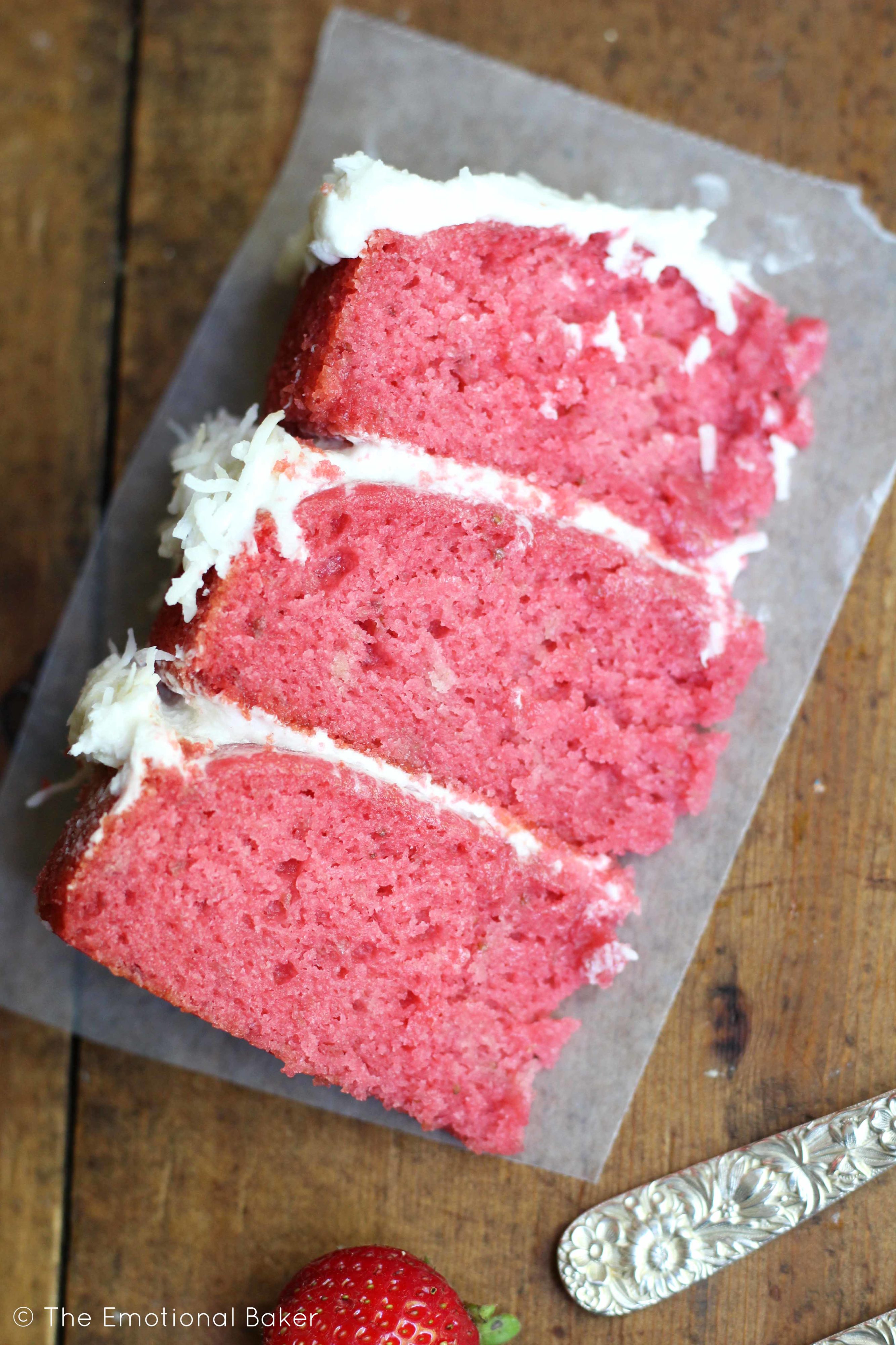This 6 inch vegan strawberry cake is bursting with fresh strawberry flavor. It features layers of strawberry cake topped with coconut frosting.